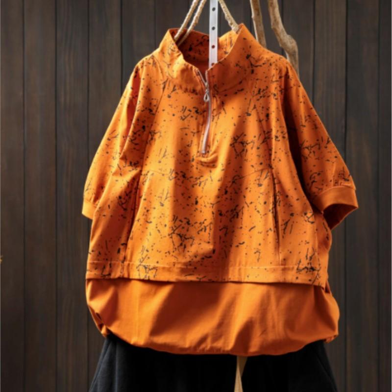 Johnature Women Vintage Print Floral T-Shirts Turtleneck Short Sleeve Patchwork Summer Zipper Casual T-Shirts