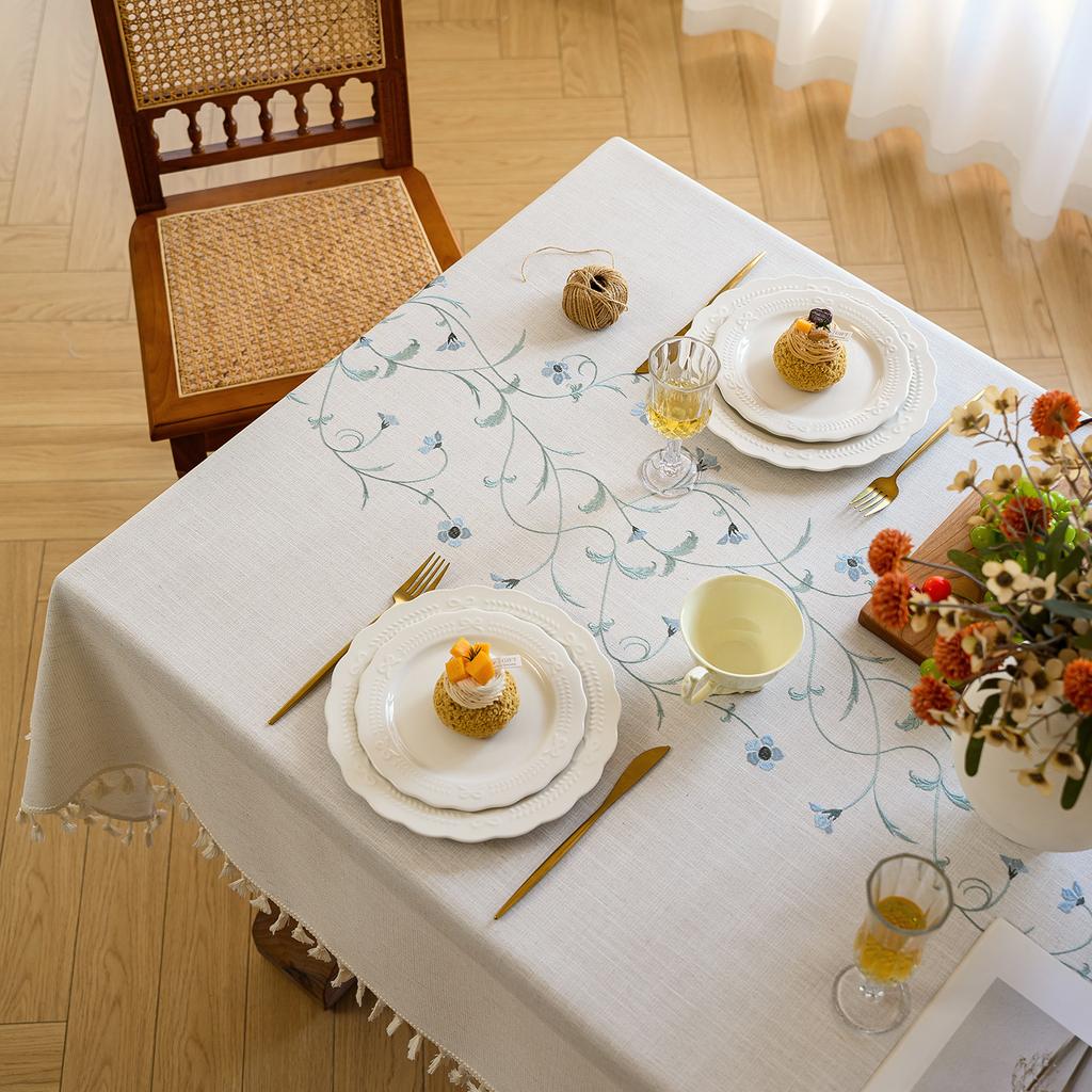 Embroidered Waterproof Linen Tablecloth Rectangle Elegant Dining Table Cover Tea Table Cloth