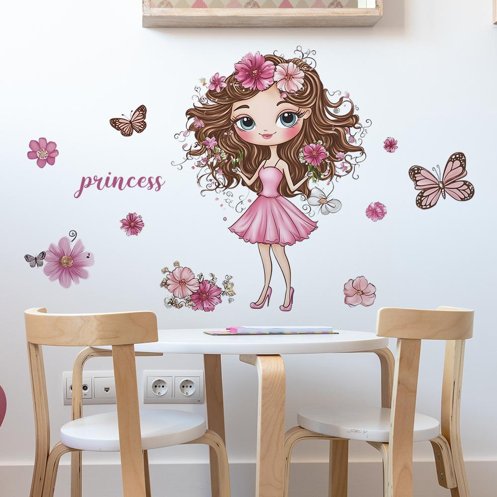 Kreslená Malá Holčička Princezna Motýl Ložnice Obývací Pokoj Domov Pozadí na Zeď Zkrášlení Dekorace Samolepky na Zeď