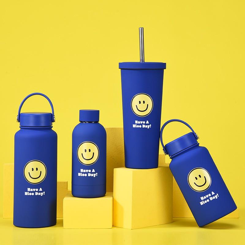 Stainless Steel Vacuum Insulated Tumbler With Straw Lid Blue Smile Design 350ml To 1000ml Office Travel Gym