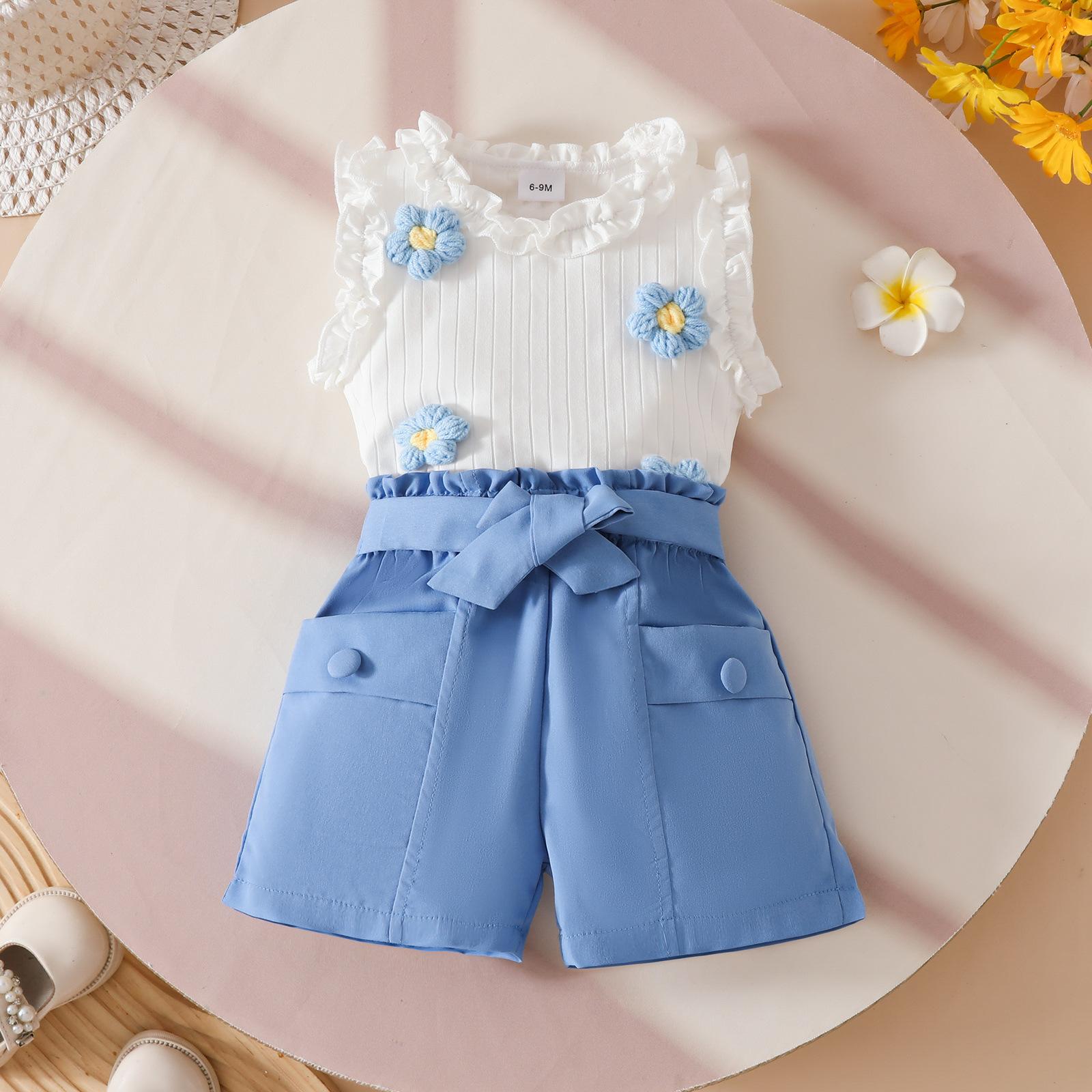 

Fashion children s clothing summer toddler girl pleated edge sleeveless top belt fake purse shorts set 3Y peacock синього кольору
