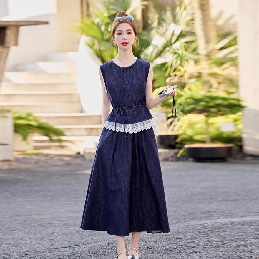 

Темно-синий кружевной джинсовый жилет, юбка-костюм, женская летняя новинка, цельное платье, комплект из двух предметов XL