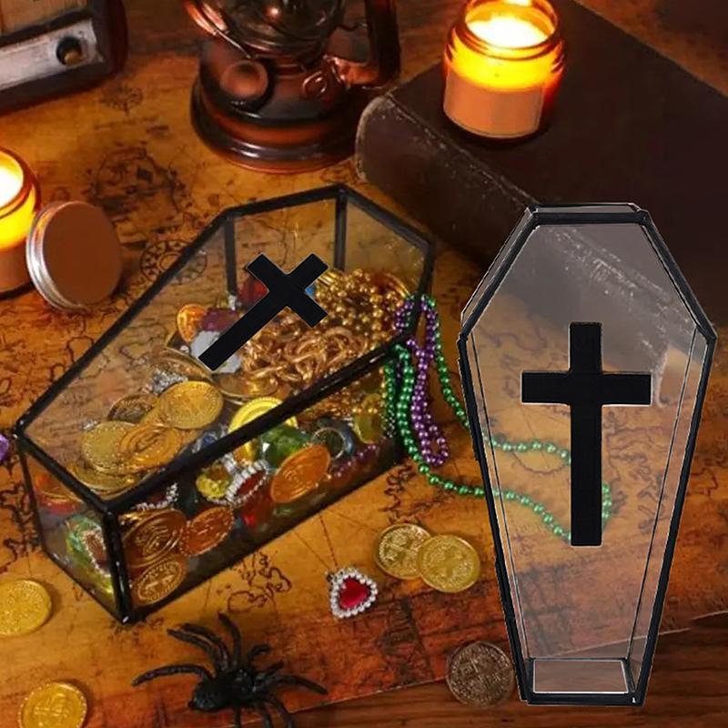 Halloween Cross Glass Coffin Box Gothic Jewelry Box With Lid Decorative Display Box Candy Storage Case Mini Vampire Treat Holder