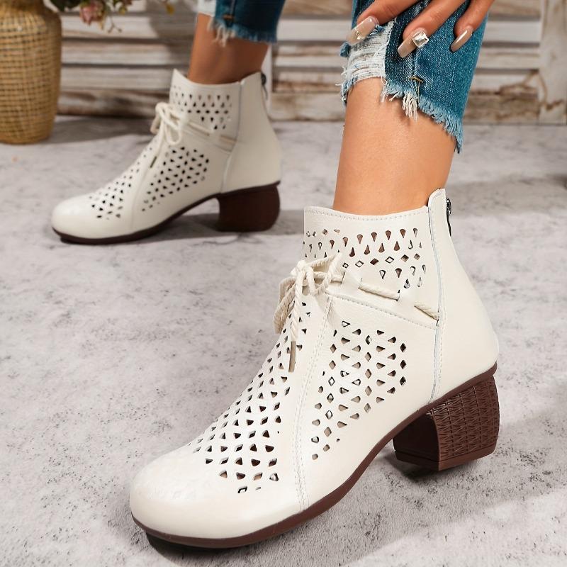 Women'S Breathable Cut-Out Chunky Heel Ankle Boots - Soft Synthetic Cover Round Toe Lace-Up Boots with Thick Rubber Sole for Casual & Formal Outfits