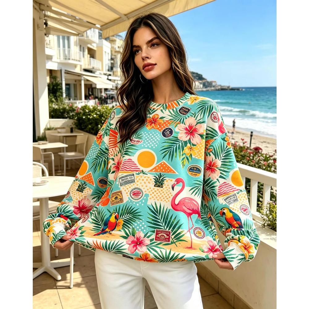 Women Crew Neck Fleece Sweatshirt Tropical Flamingo Palm Leaf Hibiscus Watermelon Print Long Sleeve Loose No Hood Warm Pullover