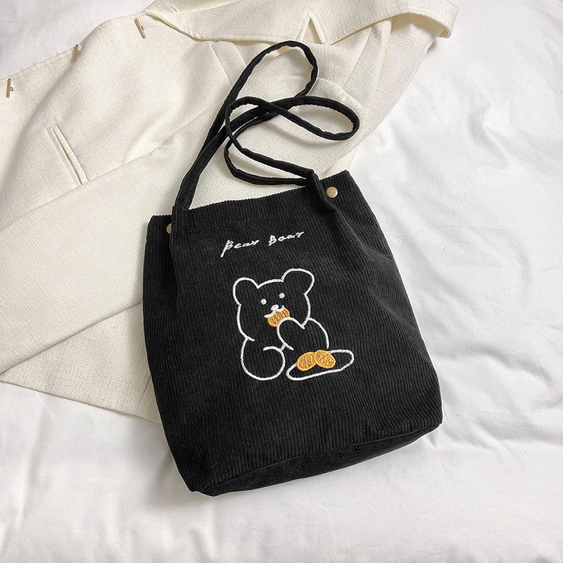 Women Corduroy Shoulder Bags Bear Pattern Ladies Casual Handbag Reusable Large Capacity Tote Bags Casual Female Shopping Bags