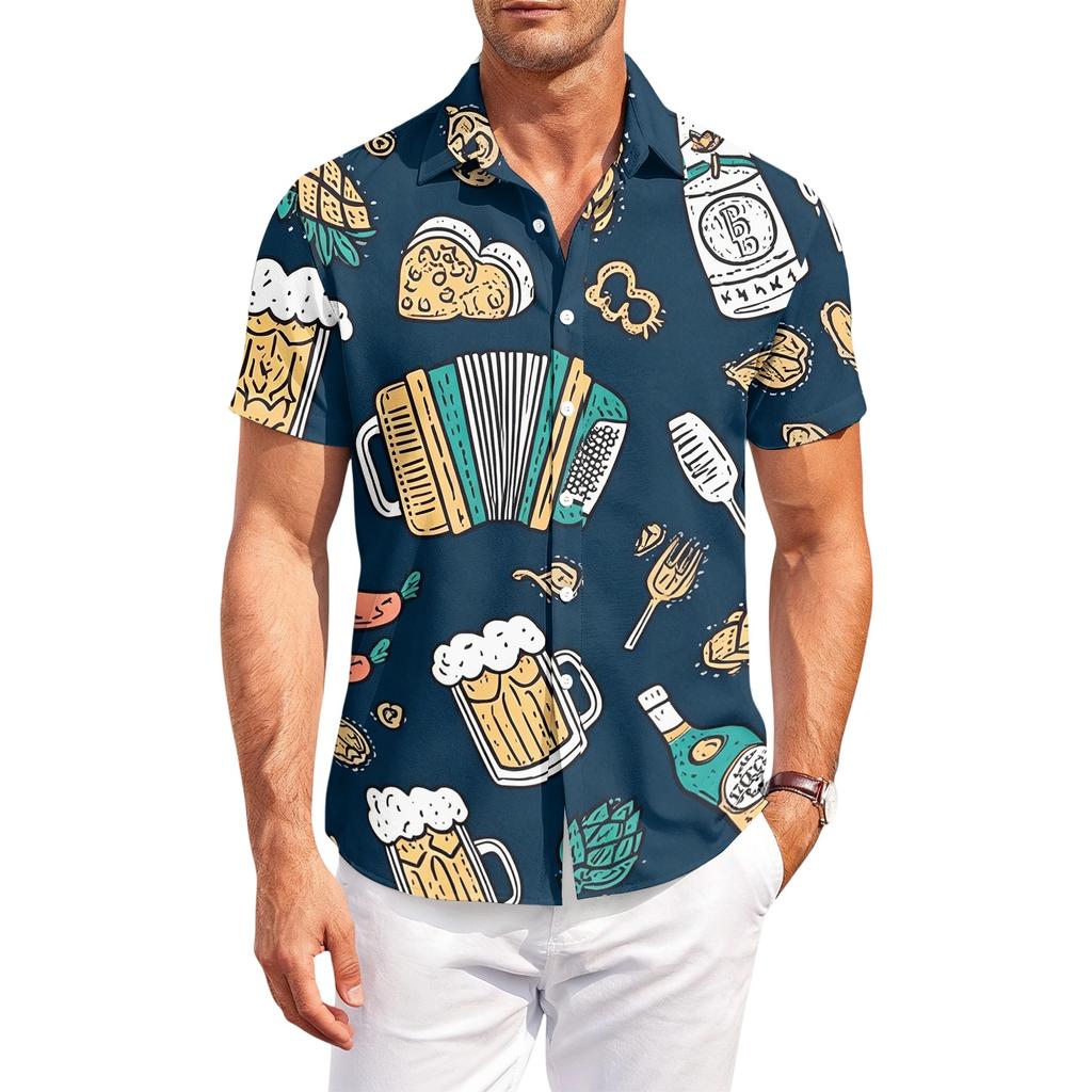 Camicia da uomo casual a maniche corte con bottoni, vestibilità larga, con stampa a motivo birra, per l'estate, da esterno e per l'uso quotidiano