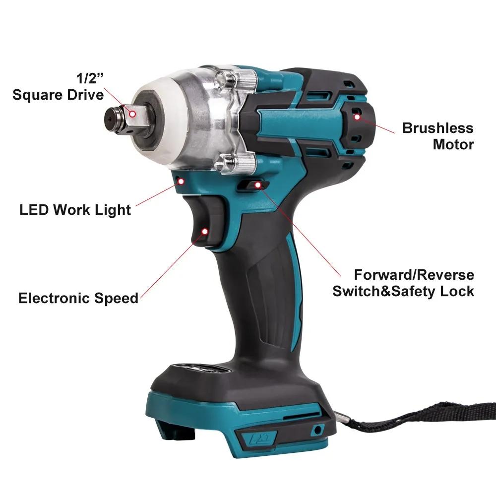 18V 520Nm Brushless Cordless Electric Impact Wrench 1/2 Inch Wrench Screwdriver Power Tools Compatible for Makita 18V Battery