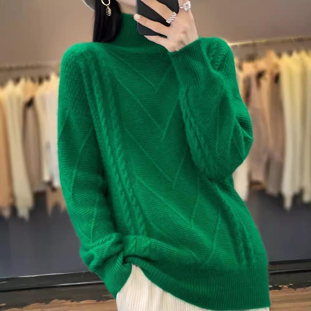 Women's 100% Wool Knitted Sweater - Autumn/Winter, Thick, Semi-High Neck, Lazy Style