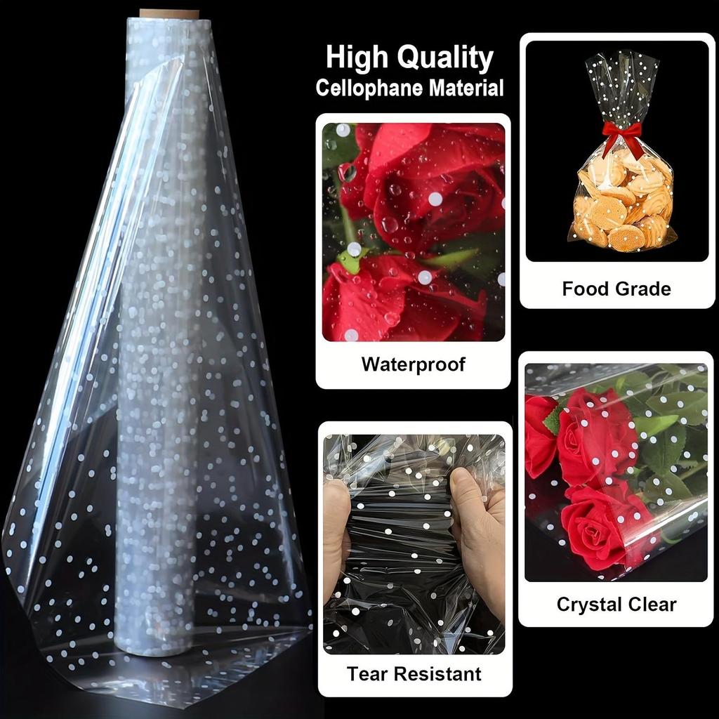 80cm*30m/31.49in*98.42ft Beyaz Puantiyeli Şeffaf Selofan Ambalaj Rulosu, Hediye Sepetleri, Çiçekler, Sevgililer Günü için Büyük Boy Kristal Selofan Rulo