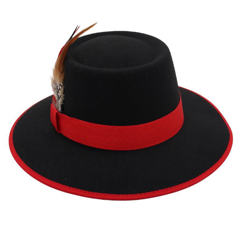 Internet Celebrity Feather Decoration Foreign Style Top Hat Dome Jazz Hat Men And Women Tibetan Felt Hat Imitation Wool Hat Ethnic Style