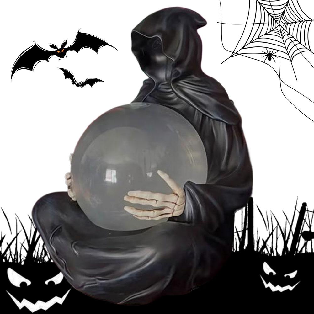 LED Halloween Decoration Crystal Ball USB Charging Death God Crystal Ball Resin Spooky Sculpture Ornament for Desktop Decor