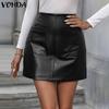 VONDA Women Autumn Solid Color Patch Pocket PU Leather Skirts