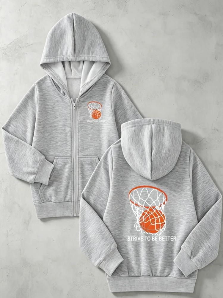Boys Full Zip Hooded Sweatshirt Orange Basketball Net Graphic Inspirational Text Loose Daily Kids Outerwear With Front Pocket