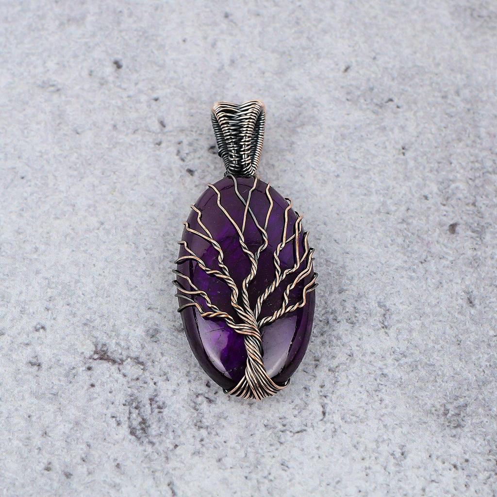 Tree Of Life Pink Flash Labradorite Pendant, 999 Copper Wire Wrapped Gemstone Jewelry, Handmade Pendant For Mother Day