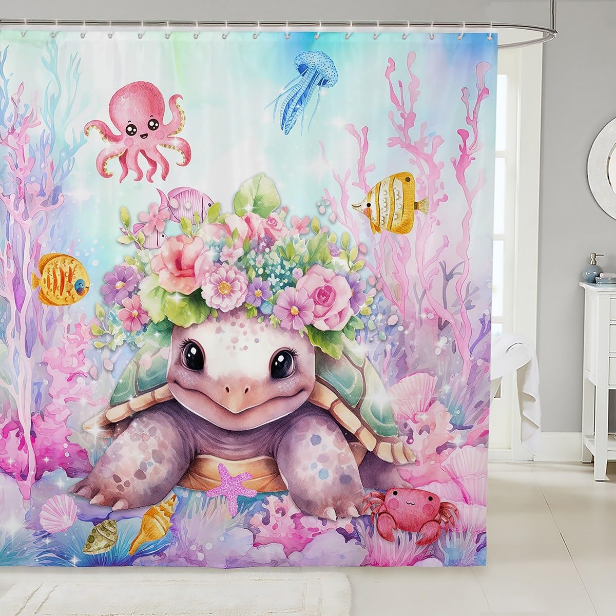 

Kids Cute Highland Cow Shower Curtain Highland Cattle Bath Curtain Boys Girls Flowers Floral Pattern Bathroom Shower Curtain Set W60H190(CM)-1 Pcs