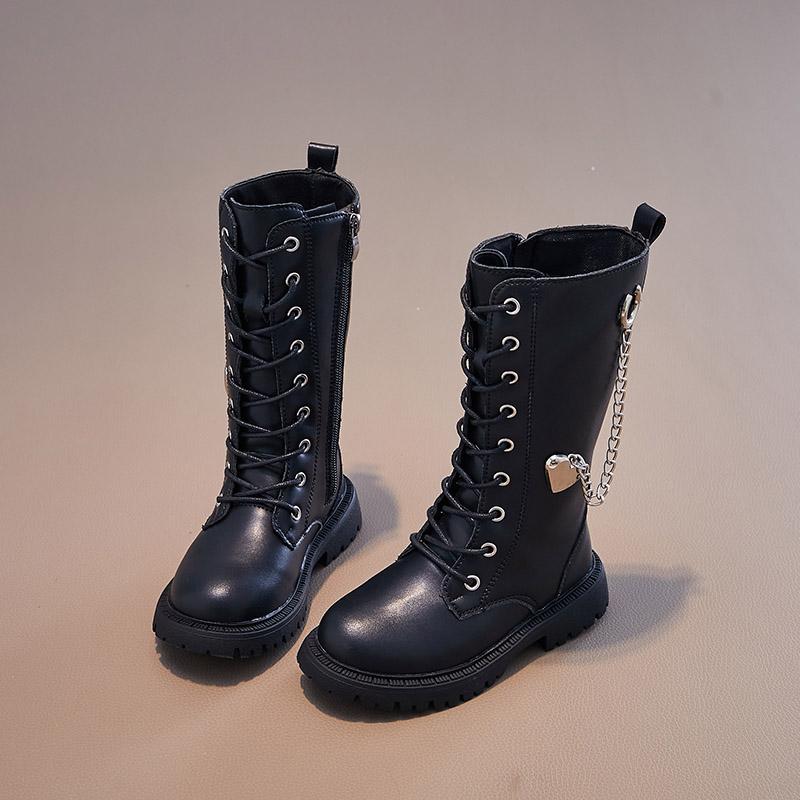 Girls Boots Winter New Korean Style Britain Style Children Fashion Versatile Soft Princess Shoes High Boots Chains Love PU