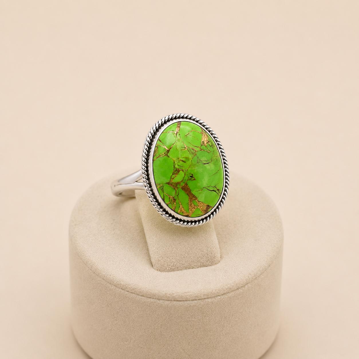 

Green Copper Turquoise Oval Ring in 925 Sterling Silver, Handmade Gemstone Ring, Boho Statement Jewelry 12 срібний