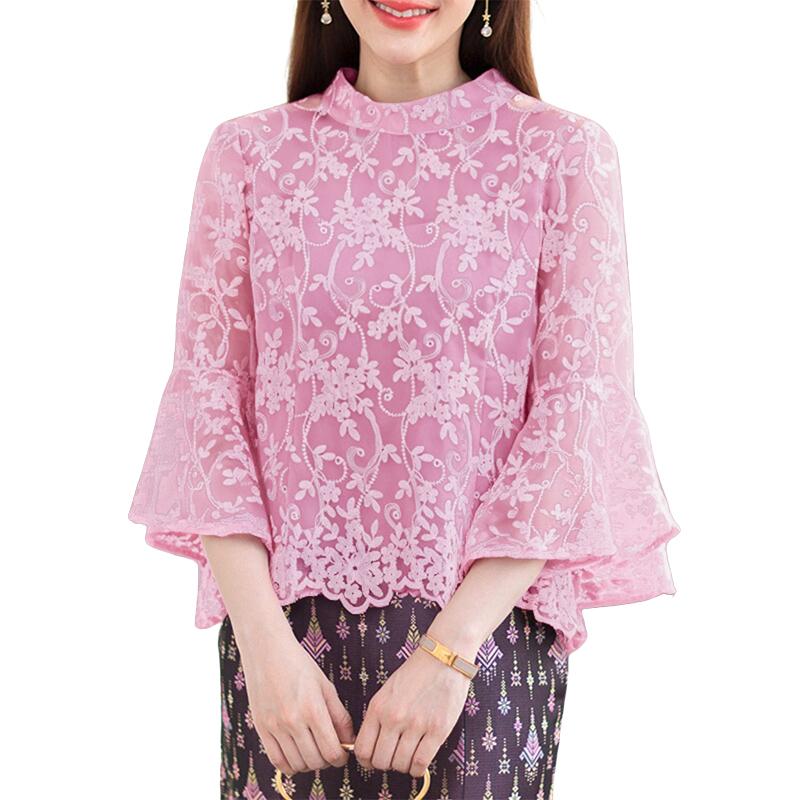 

ZANZEA Женская повседневная блузка с воротником-стойкой, полая вышивка, кружевная вставка, пэчворк 2XL камео розовый