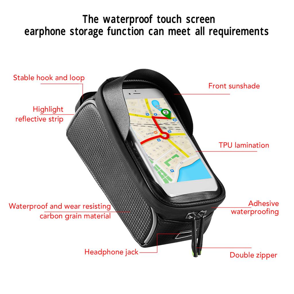 Bike Phone Front Frame Bag Black Top Tube Bike Bag Waterproof Bike Phone Mount for Bike Mountain Bike