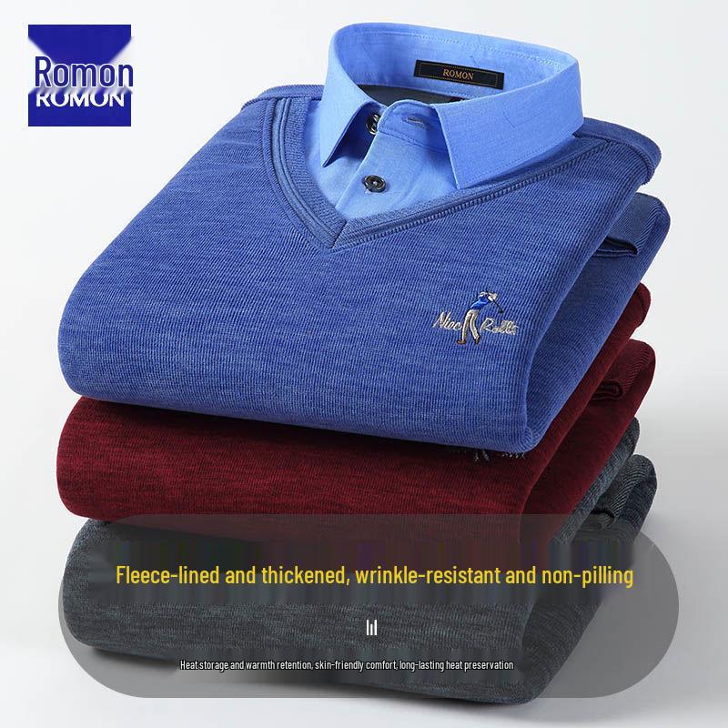 Romon Men's Winter V-Neck Sweater: Faux Two-Piece, Thick Velvet, Warm Knitwear for Middle-Aged and Elderly