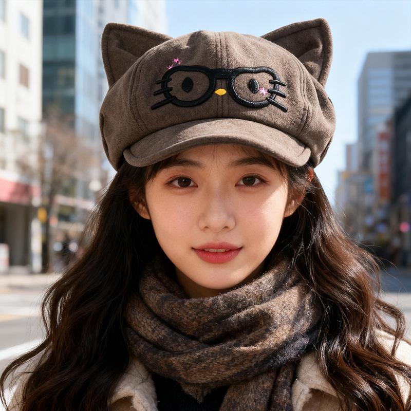 

Осенне-зимний ретро-берет, женская восьмиугольная шляпа в японском стиле с милыми кошачьими ушками, большой окружности головы, подчеркивающая лицо, модная кепка газетчика M（56-58cm）