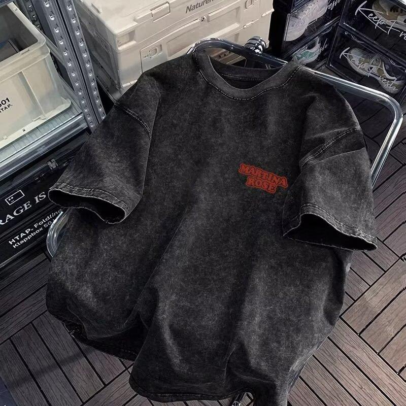 Street Style European and American Retro Poker Print Short Sleeve T-Shirt Couple Outfit Loose Summer Niche Top for Men