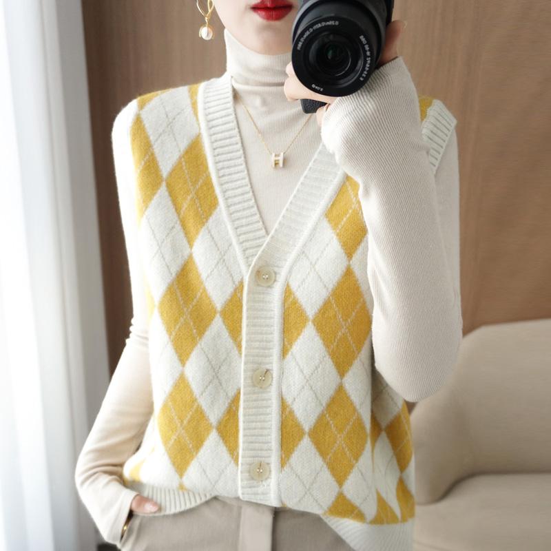 

Трикотажный жилет с V-образным вырезом без рукавов с ромбовидным рисунком Модальный кардиган