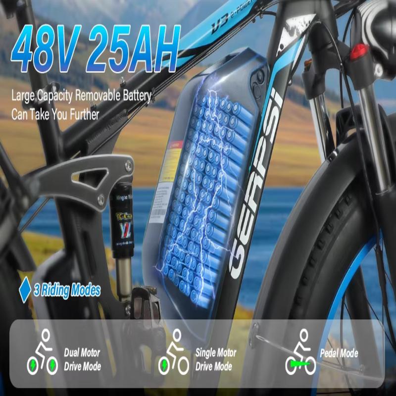 Ebike BLJ DP-2603 3000W Podwójny Silnik Bateria 48V 25AH, Przednie i Tylne Amortyzatory, 26-calowe Opony Śniegowe, Rower Elektryczny dla Dorosłych.