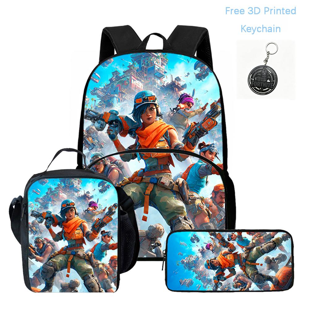 FORTNITE 3Pcs Cartoon School Set, Lightweight Backpack Front Pocket, Lunch & Pencil Case Kids 5-10, Free 3D Printed Keychain