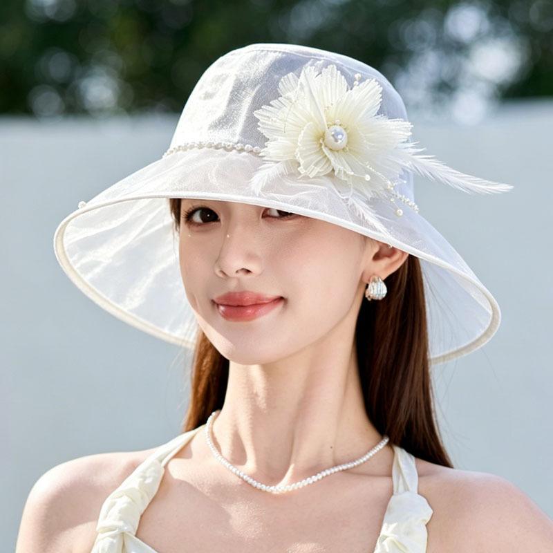 Elegant mesh bucket hat women's summer new flower pearl decorative sun hat travel photo hat