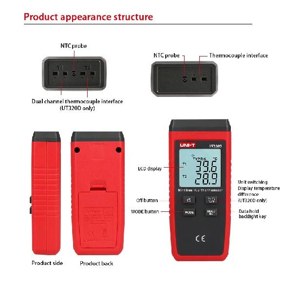 UNI-T UT320A UT320D Digital Thermometer Mini Dual K/J Type Thermocouple Thermometer -50℃ to 1300℃ High Temperature Tester Mete