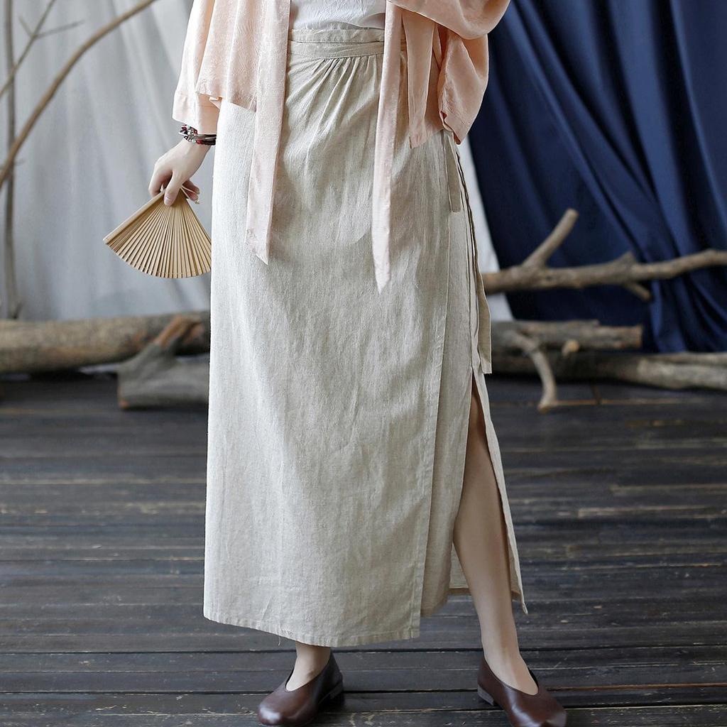 Johnature Women Vintage Linen Bandage Skirts Solid Color Autumn High Quality Women A-Line Skirts