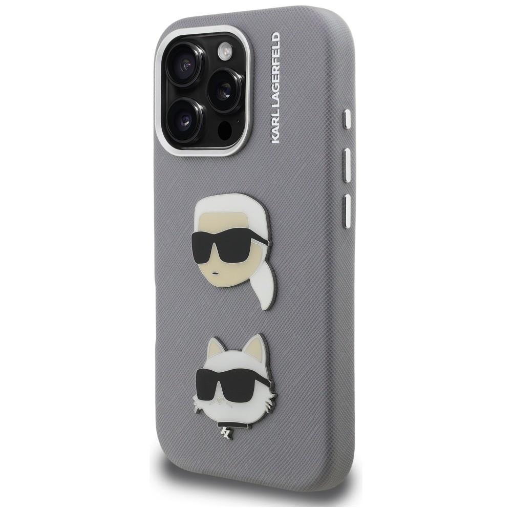 Karl Lagerfeld FW Grained Karl & Choupette Heads Pins Case for iPhone 16 Pro Gray