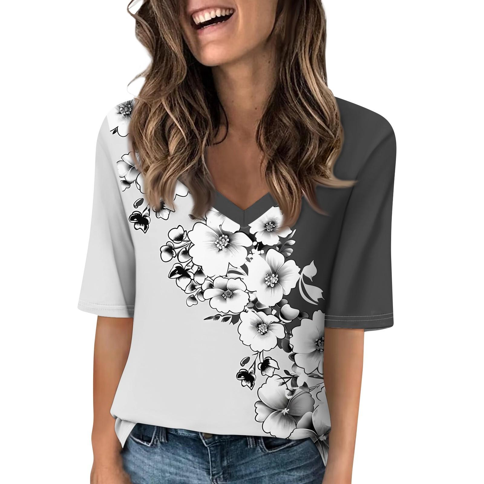 

Рубашки для женщин Модные футболки с V-образным вырезом Повседневные блузки с принтом Топы с коротким рукавом для женщин L