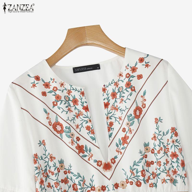 ZANZEA Damen Rundhals Blumenmuster Locker 3/4 Ärmel Rüschen Bluse