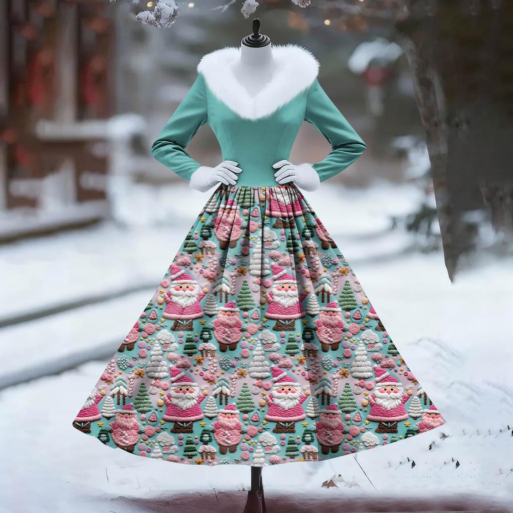 Women's Casual Dress Long-Sleeve V-Neck Patchwork Fleece Christmas Print Dress