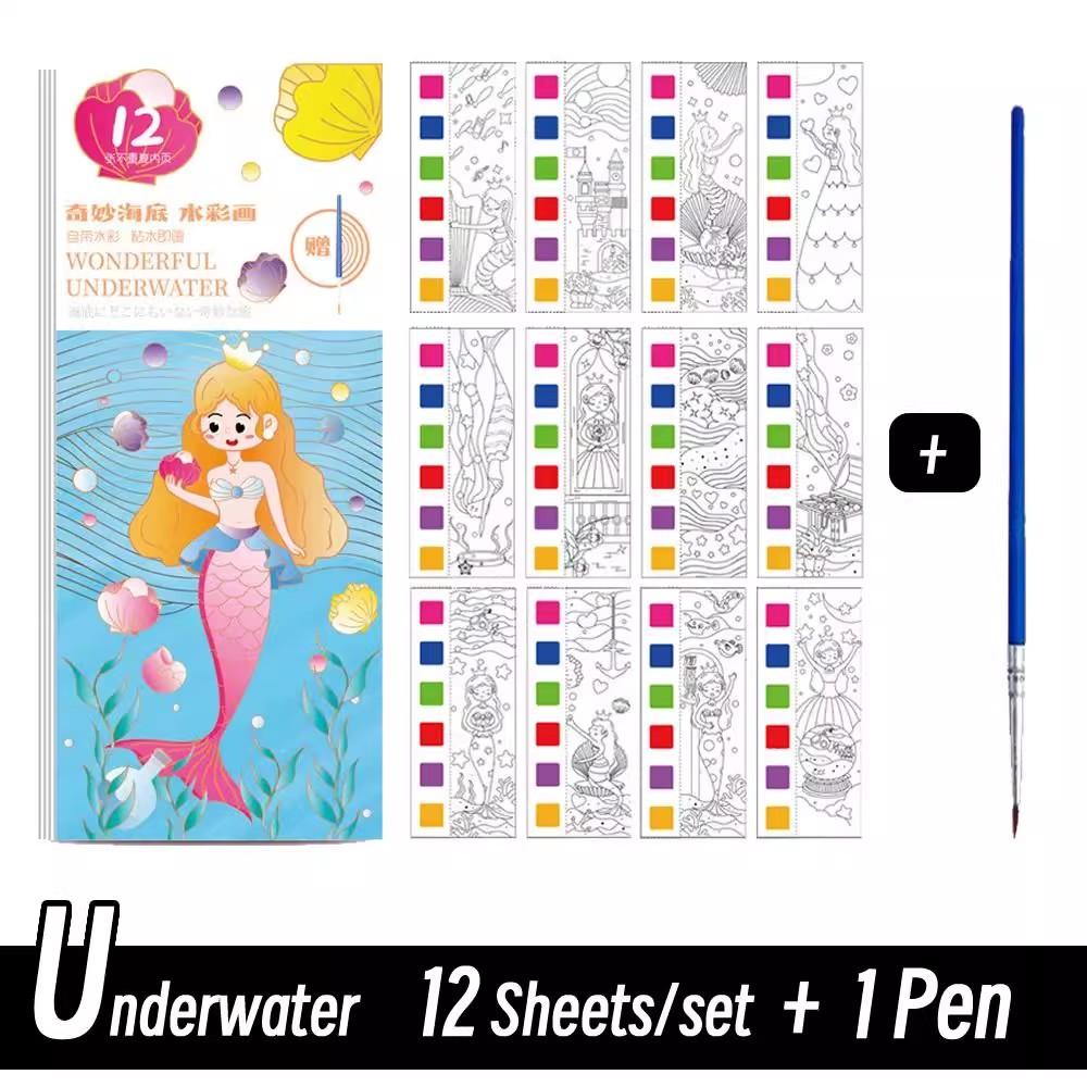12 Sheets/Set Portable Watercolor Coloring Book - Flower Fairy/Monsters/Space Watercolor Doodle Book