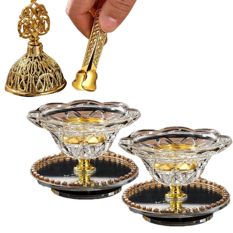 Arabian Crystal Flower Charcoal Incense Burner Rotating Bakhoor Holder with Clip Luxury Arabic Home Decor Scented Gift Set