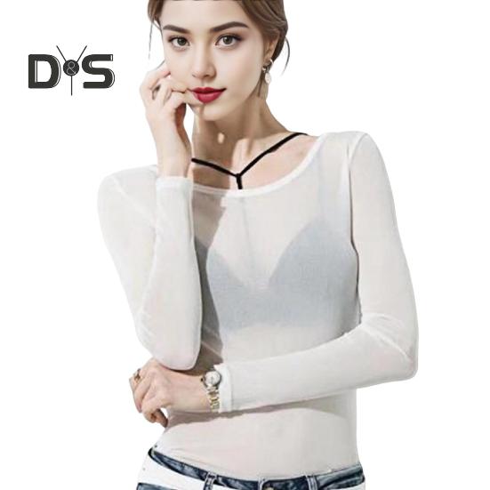 Tricou de damă cu gât rotund, mânecă lungă, croială slim, pulover, topuri din fir plasă transparent, topuri de bază pentru purtare zilnică