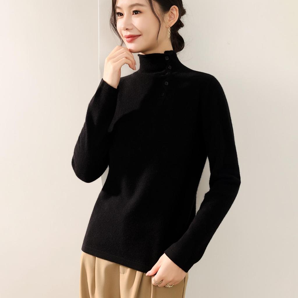 Winter 2025: Loose Casual Wool Sweater with Half-High Collar & Rolled Hem