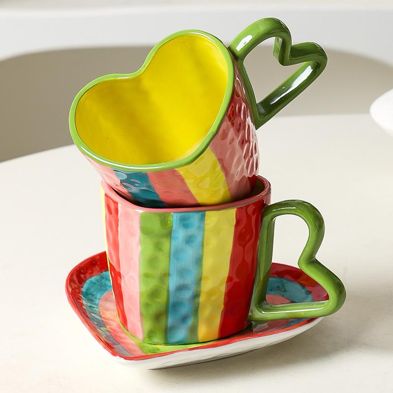 Creative Ceramic Mugs Striped Rainbow Couple Ceramic Heart-shaped Cups Coffee Cup Afternoon Tea Accessories Drinking Utensils