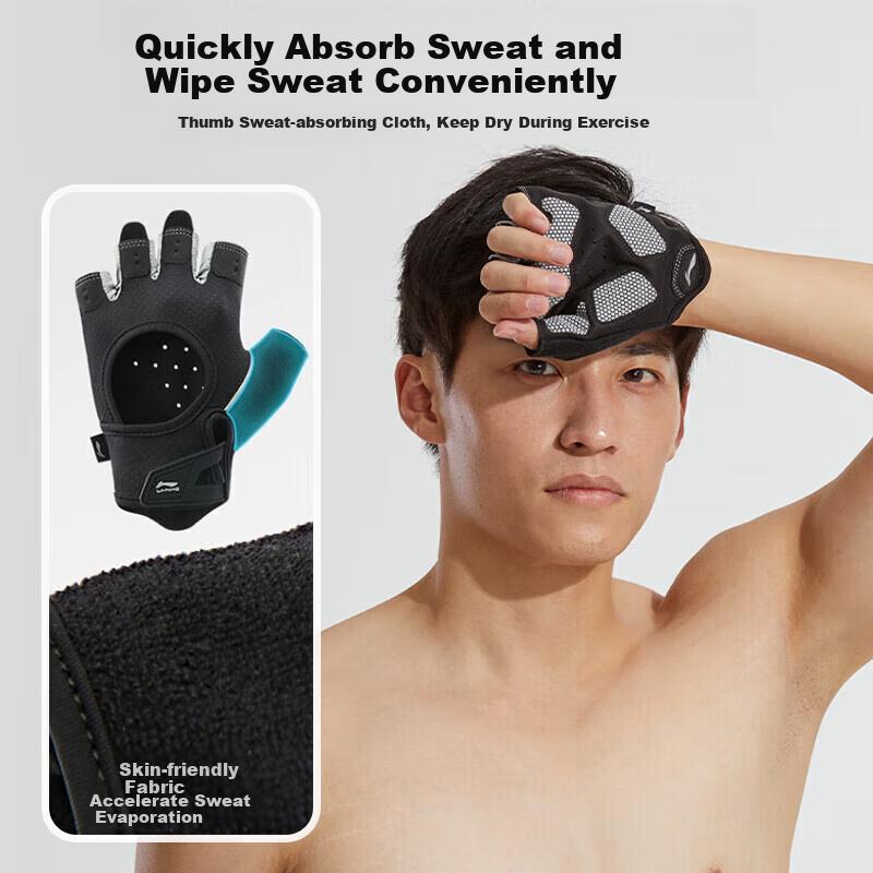 Li-Ning Fitness Gloves for Men, Sports Cycling Fingerless Gloves, Pull-Up Bar Gloves, Non-Slip Anti-Callus Weightlifting Climbing Gym Equipment Gloves
