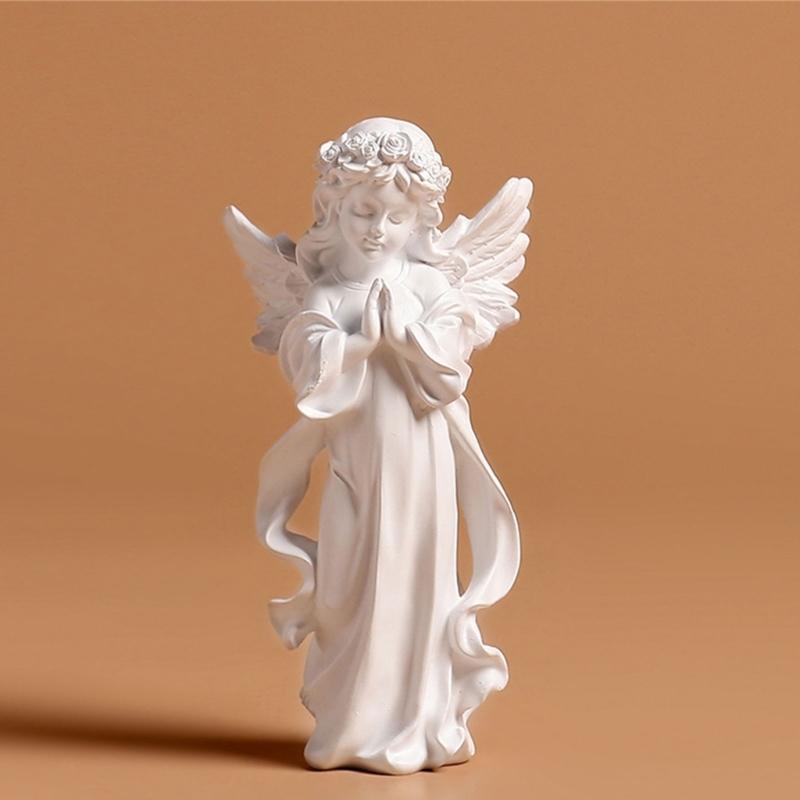 Resins Little Angel Girl Statue Artistic Desk Decors Nordic Styles Praying Cherub Sculpture With Wing Religious Gift