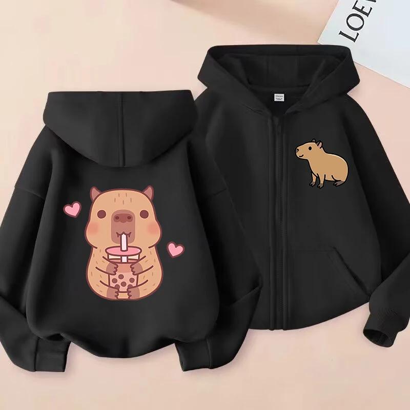 Cute Capybara Graphic Zip Hoodie for Girls Kids Cartoon Animal Print Long Sleeve Hooded Jacket With Pocket Loose Daily Outfit