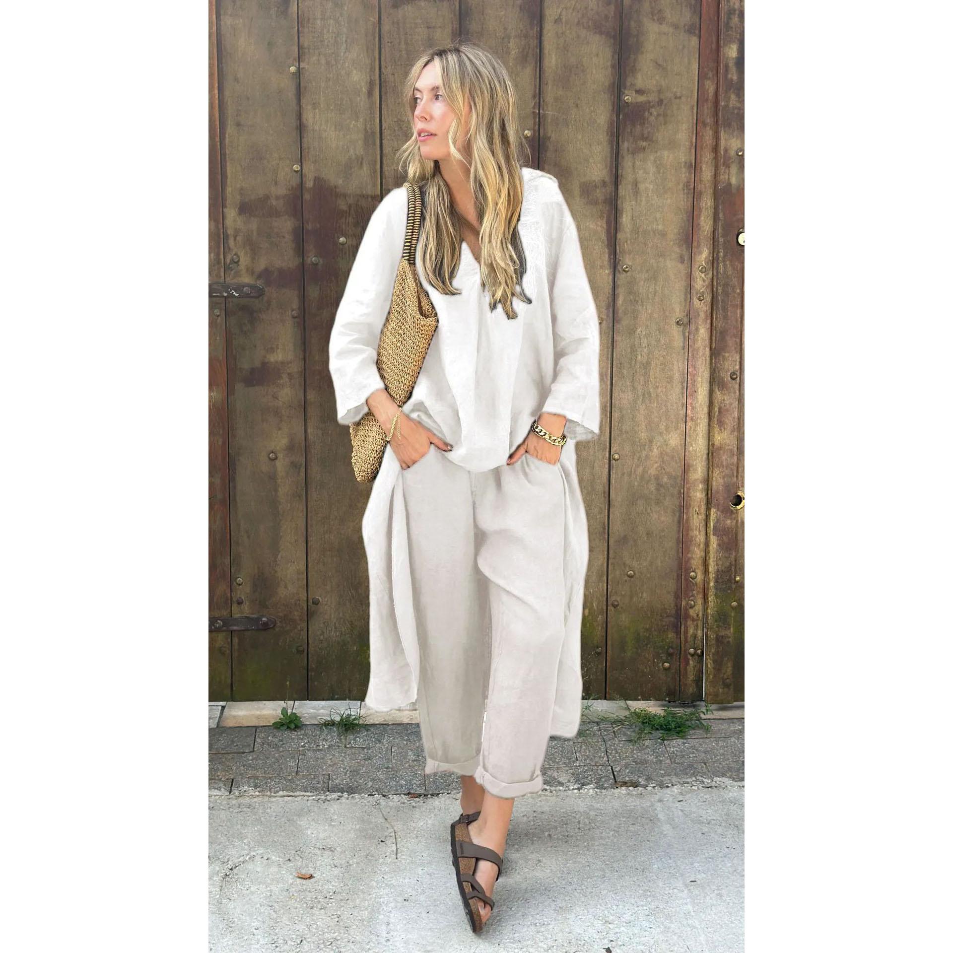 

Свободный Повседневный Оверсайз Комплект из 2 предметов с длинным рукавом для женщин Весна Лето Мода Асимметричный Длинный Топ + Широкие Брюки Комплект из двух предметов XXXXXL белый