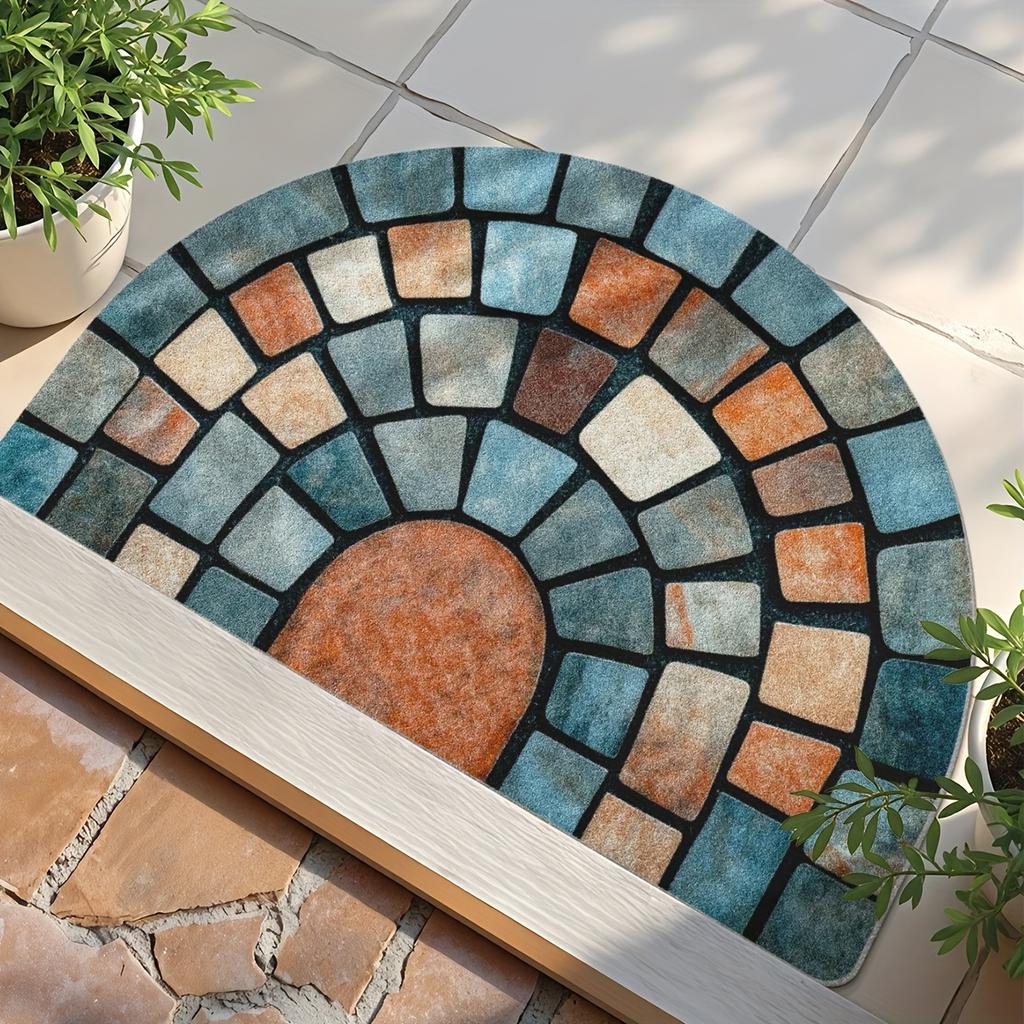 1Pcs Colorful Stone Blocks Half Round Door Mat Non-Slip Washable Floor Mat 2D Flat Semi-Circular Rug for Entryway Hallway Decor