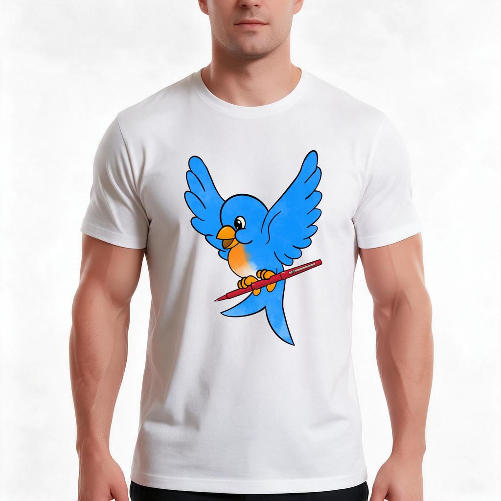 Blue Bird With A Red Pen Tshirt Summer Casual Cotton Tee Oversized Streetwear Tops Vintage Graphic Print Unisex Unisex Unisex