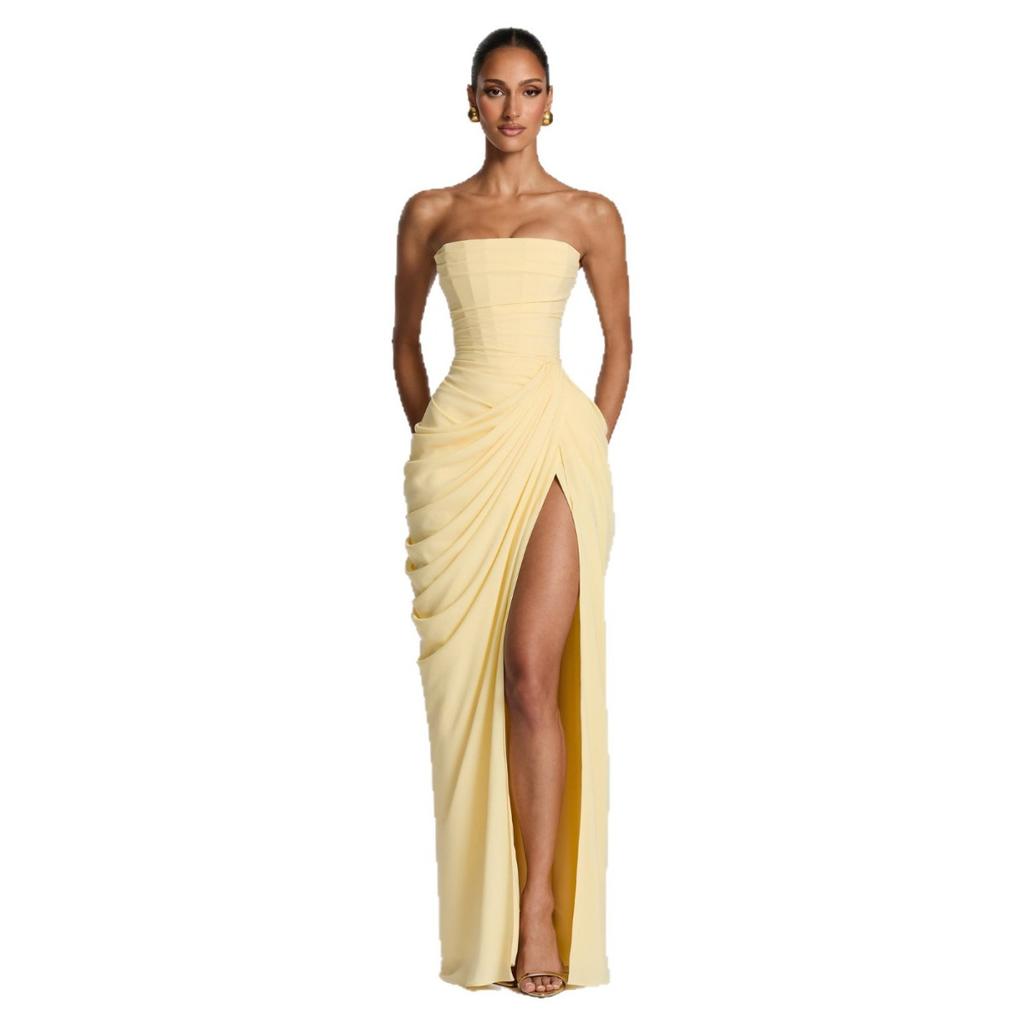Damen Trägerloses Raffung Schlitz Maxikleid, Sexy Figurbetontes Abendparty Langes Kleid, Europäischer Amerikanischer Stil Formelles Cocktailkleid