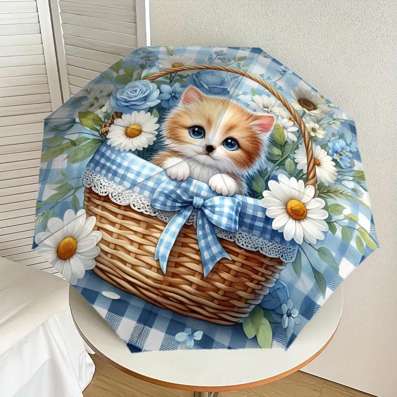 1pc Kitten Basket Automatic Folding Umbrella, 8 Ribs Iron Frame, Suitable for Outdoor Travel and Daily Use yy251120256